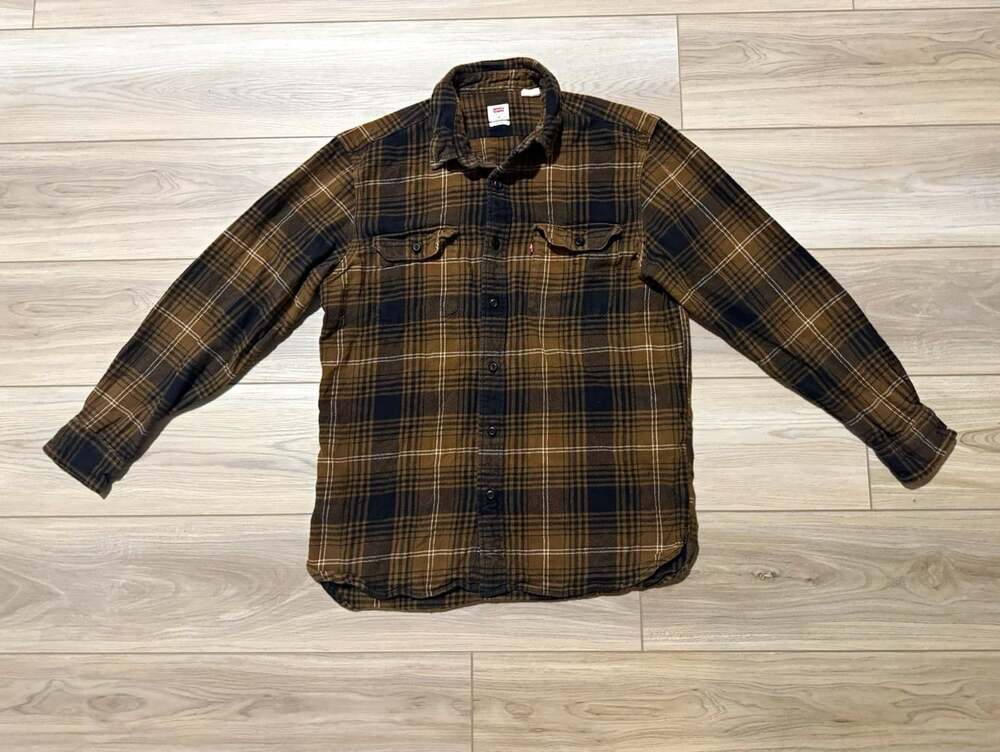 Levis Relaxed Fit Flannel Shirt Brown Black Plaid Two Pocket Red Tab Mens M
